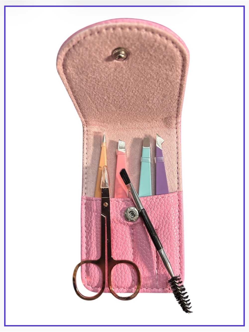 6-Piece Pastel Eyebrow Grooming & Tweezer Set with Pink Leather Case